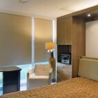 taupe blackout shades in hotel room