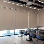 Standard blackout roller shades with cream fabric Conference room